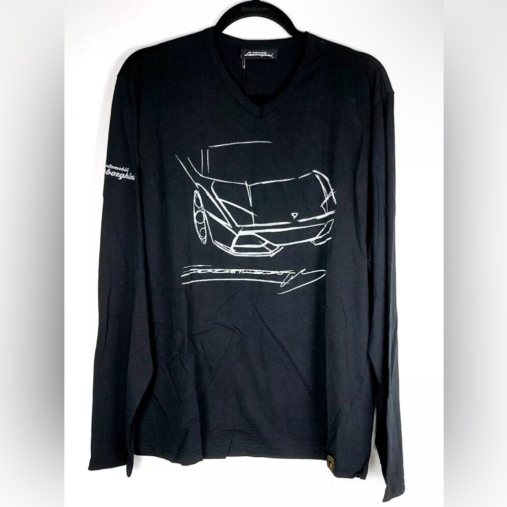 Vintage Lamborghini Black Long Sleeve V-Neck Shirt Logo XL ITALY Size XL